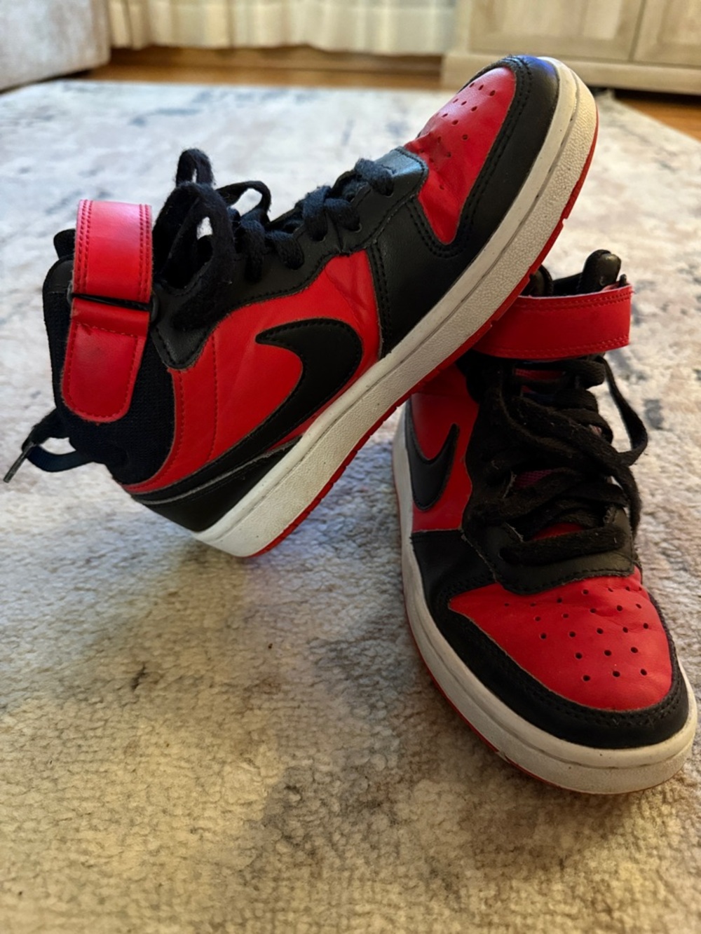 Kids size 3.5 NIKE Red and Black High-Top Sneakers with Strap